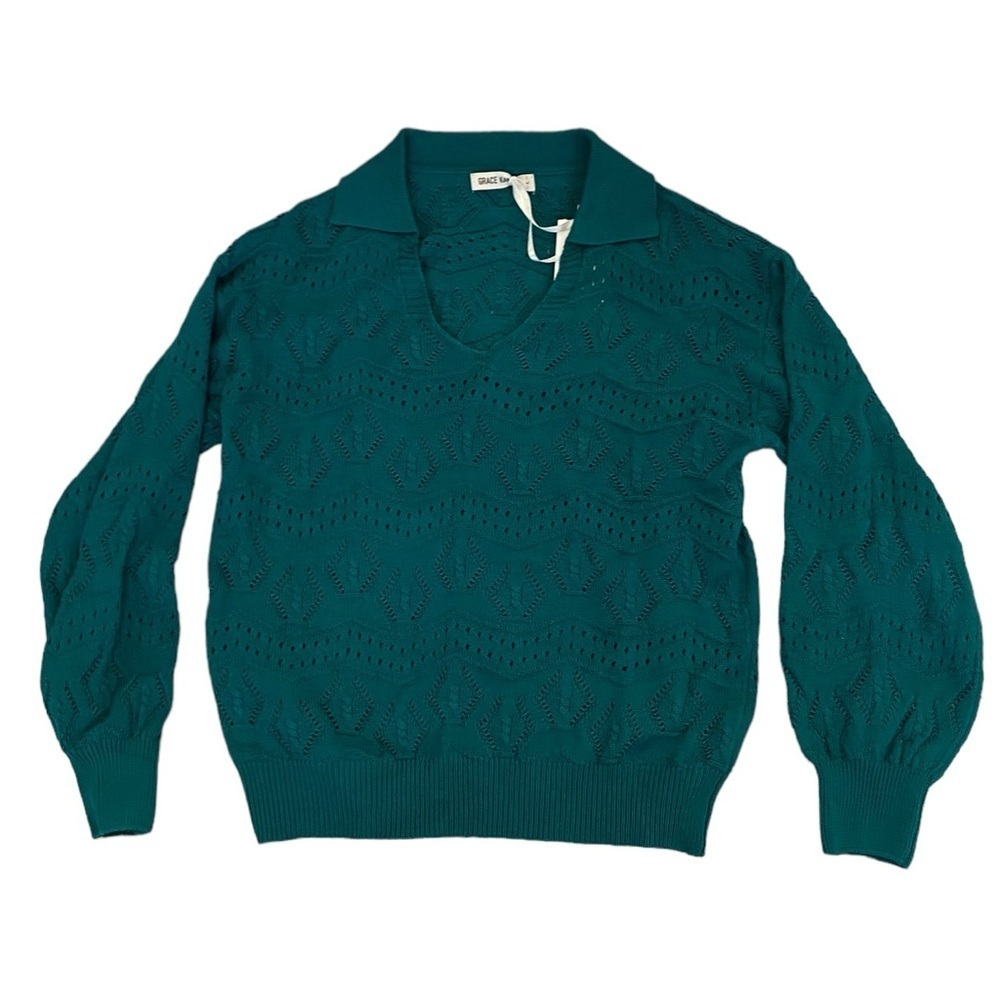 Grace Karin Womens Lightweight Collared Sweater NWT Size L Blue Green - Picture 5 of 8